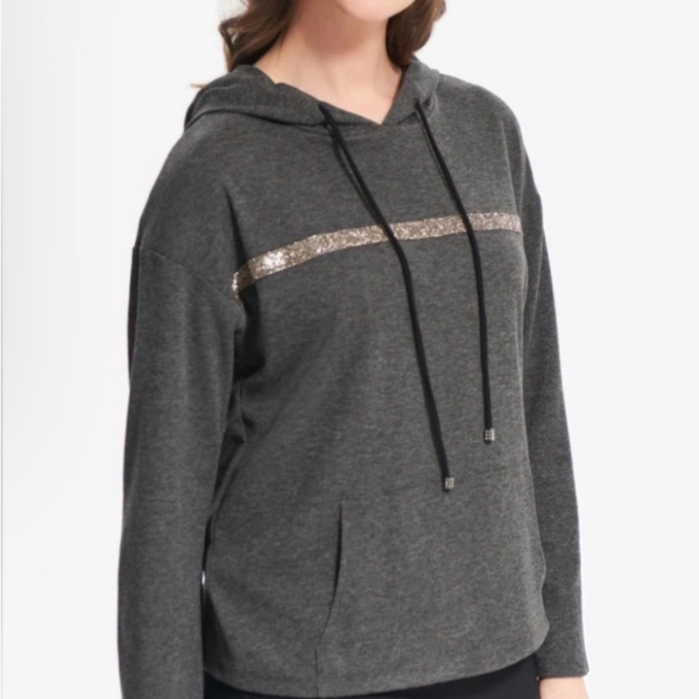 Joseph Ribkoff Gray Rhinestone stripe Hoodie Top 8